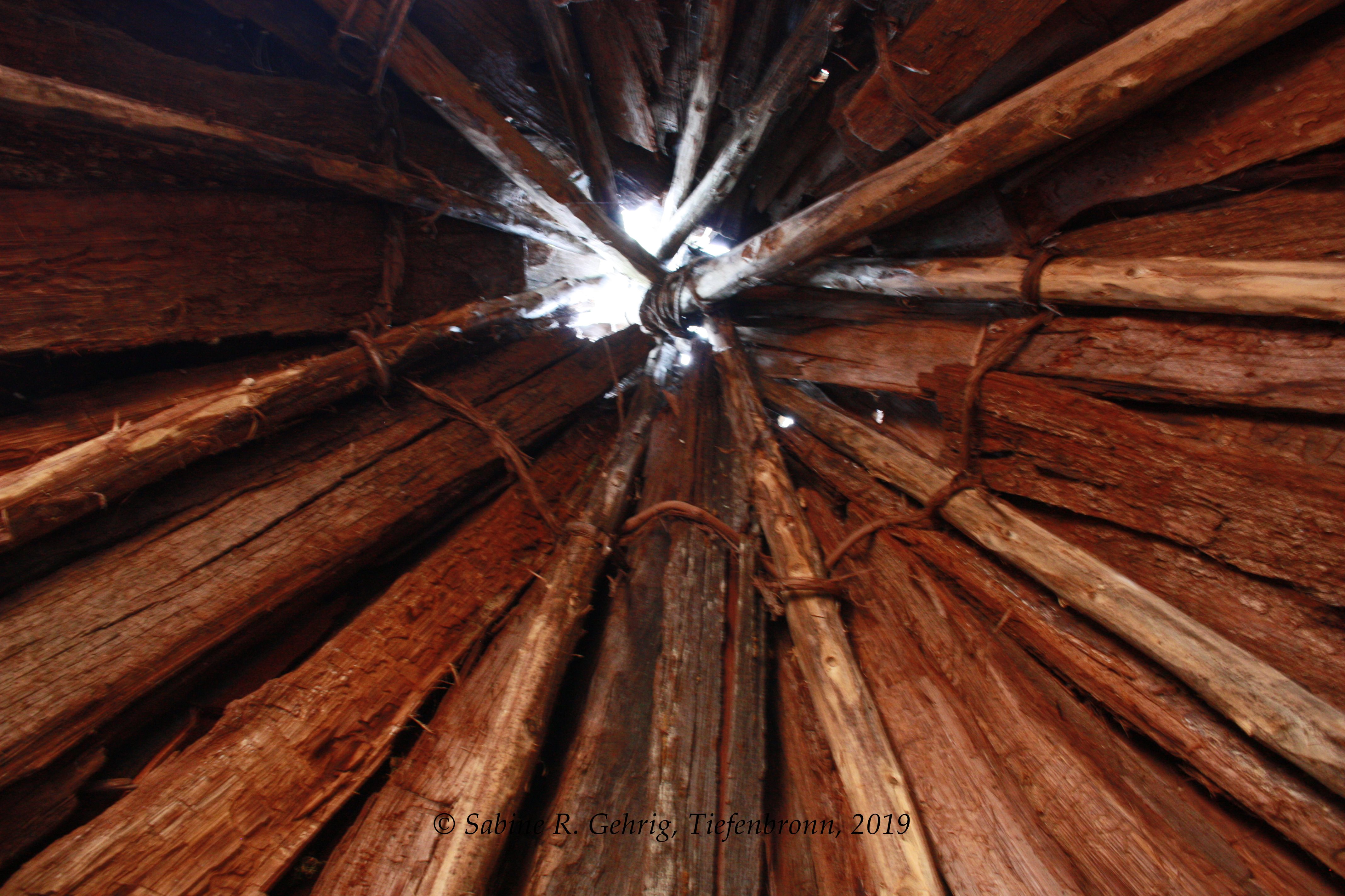 IMG_0932-Indian Grinding Rock SP - Miwok Village - Bark House - inside looking up